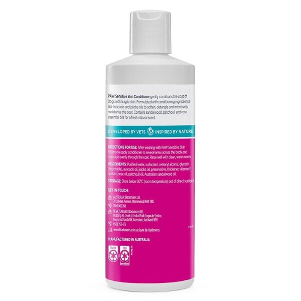 Blackmores PAW Sensitive Skin Conditioner 500ml bottle for dogs, designed to soothe and nourish sensitive skin with a gentle, hypoallergenic formula.