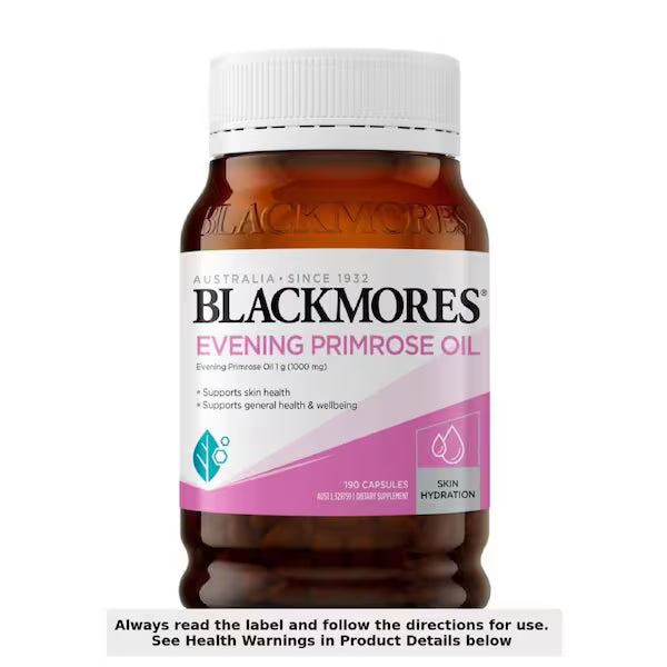 Blackmores Evening Primrose Oil 1000mg, 190 capsules bottle, natural health supplement for skin, hormonal balance, and overall wellness.