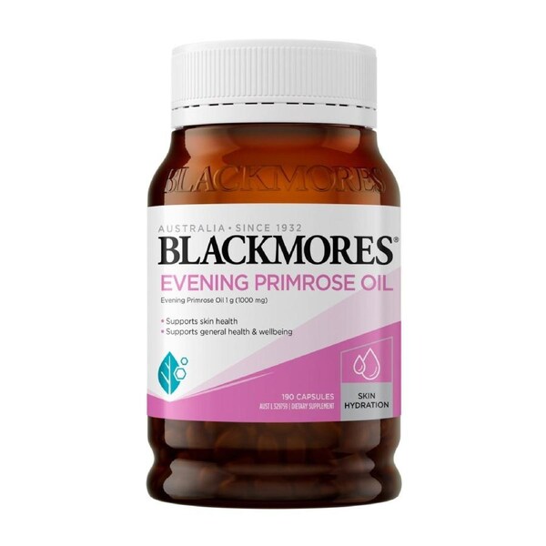 Blackmores Evening Primrose Oil 1000mg, 190 capsules bottle, natural health supplement for skin, hormonal balance, and overall wellness.