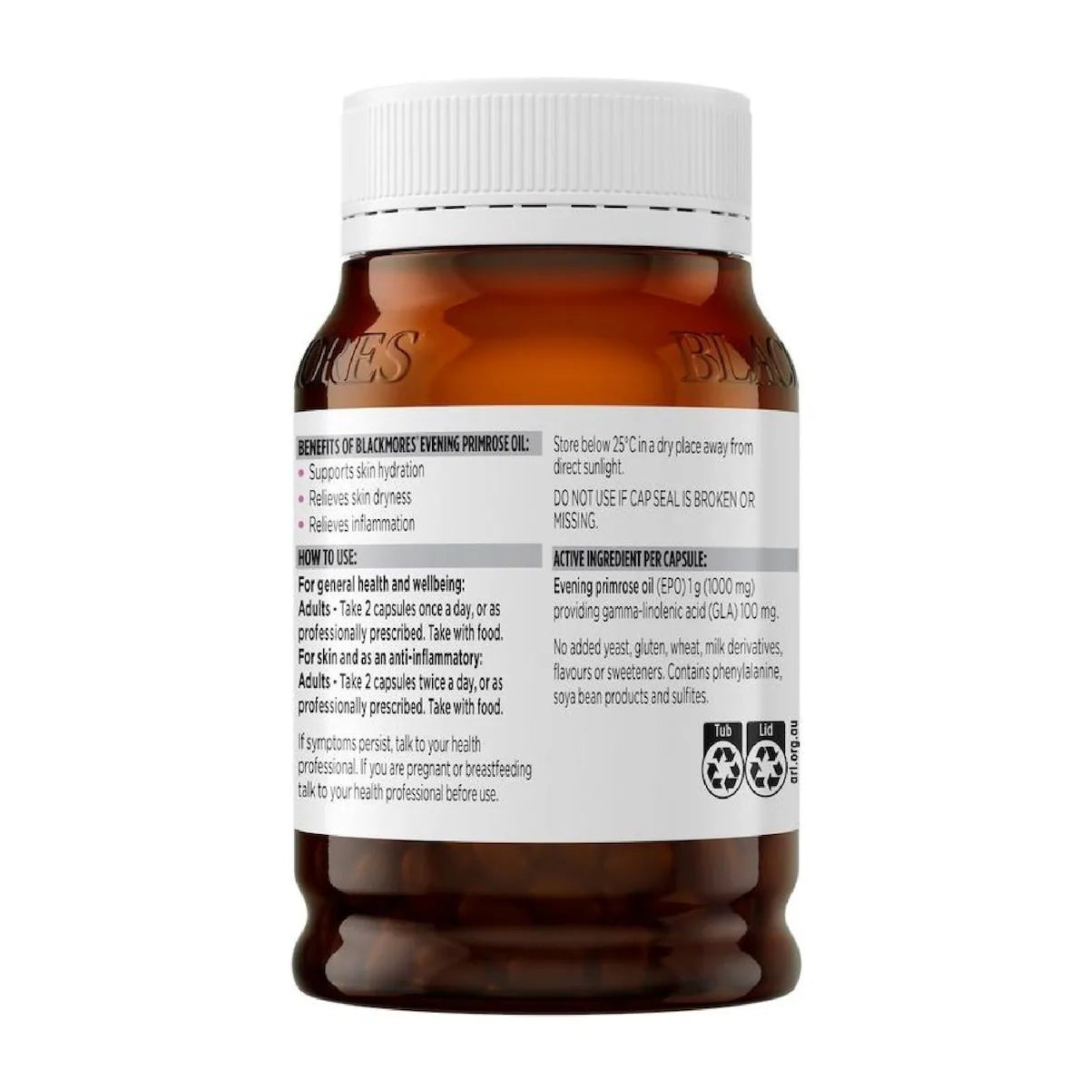 Blackmores Evening Primrose Oil 1000mg, 190 capsules bottle, natural health supplement for skin, hormonal balance, and overall wellness.