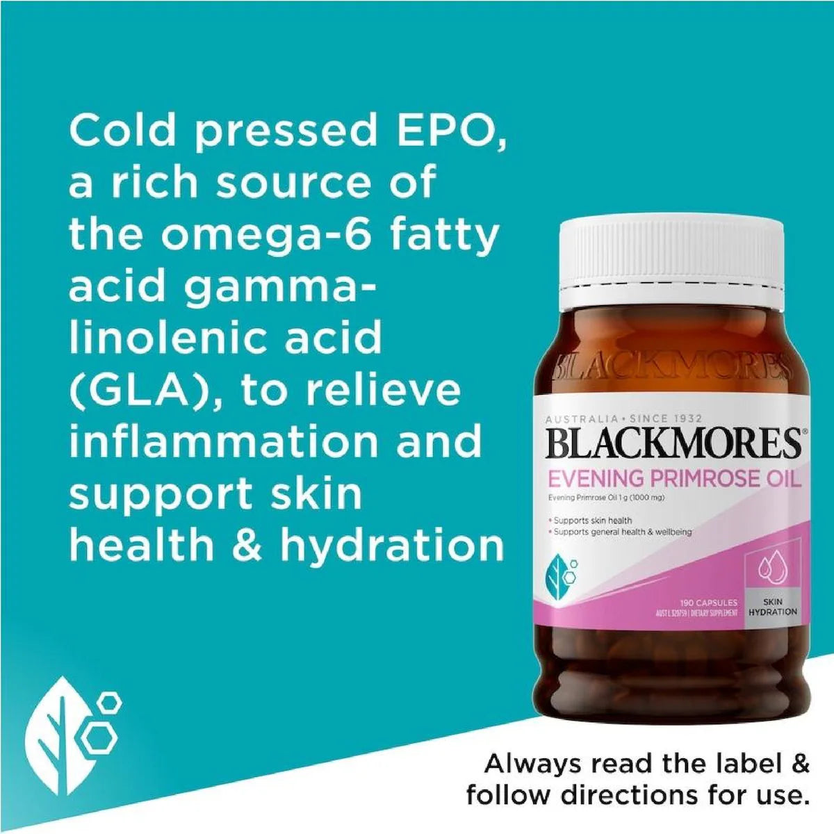 Blackmores Evening Primrose Oil 1000mg, 190 capsules bottle, natural health supplement for skin, hormonal balance, and overall wellness.