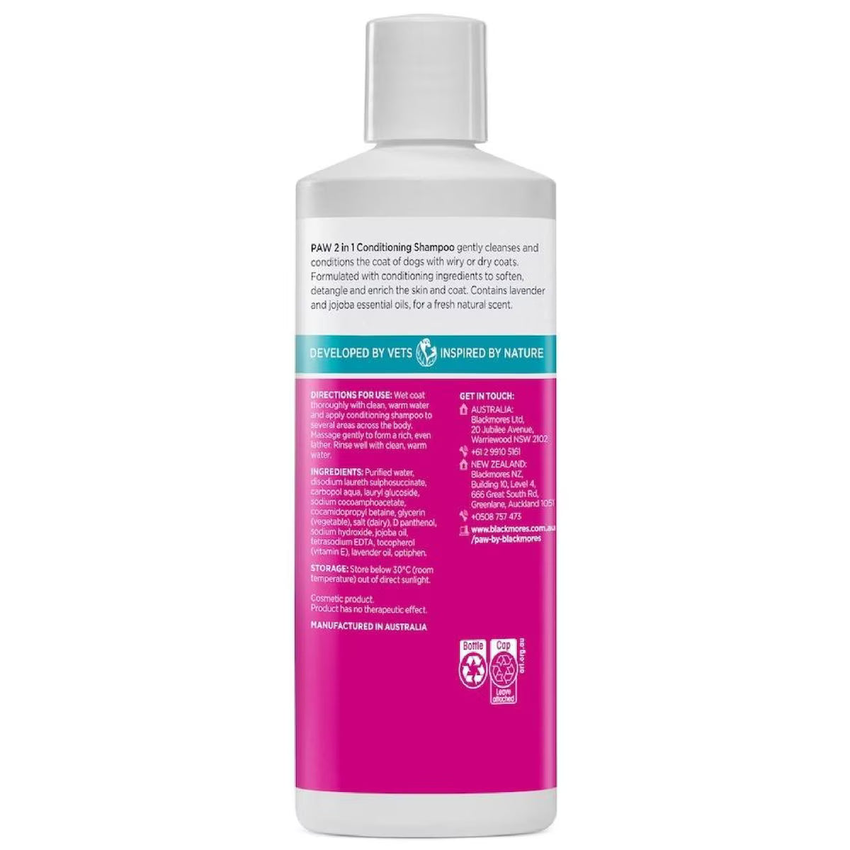 Blackmores PAW 2in1 Conditioning Shampoo 500ml for pets, nourishing and cleansing formula for healthy coat and skin.