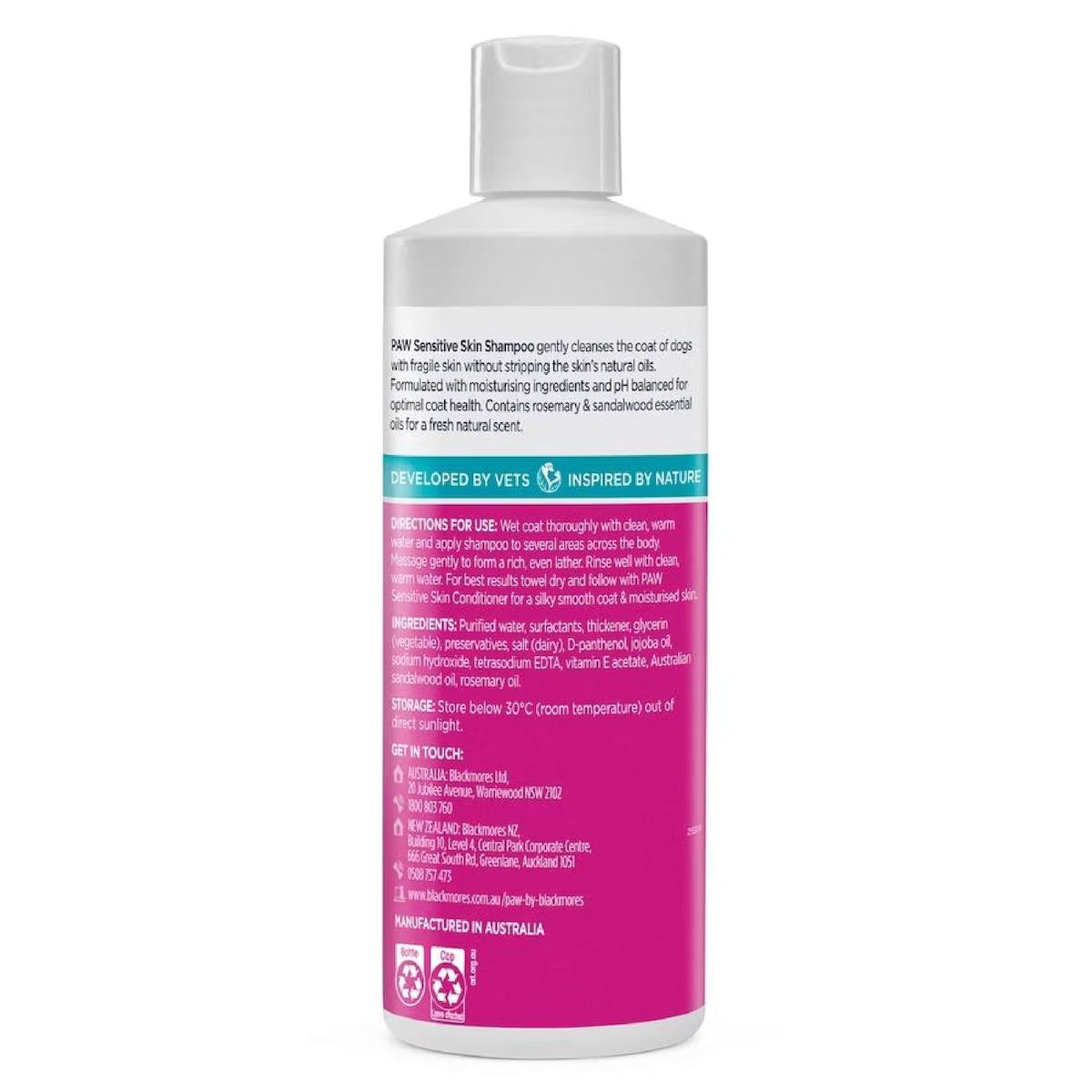 "Blackmores PAW Sensitive Skin Shampoo 500ml bottle for pets with soothing formula for sensitive skin."