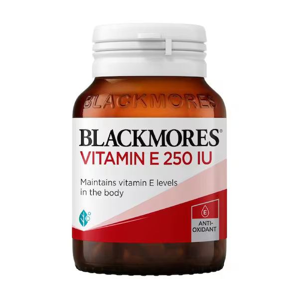 Blackmores Vitamin E 250IU 50 Capsules bottle, designed to support skin health and provide antioxidant benefits.