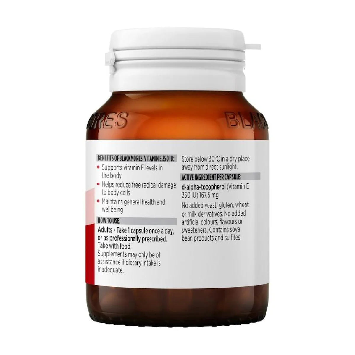 Blackmores Vitamin E 250IU 50 Capsules bottle, designed to support skin health and provide antioxidant benefits.