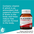 Blackmores Vitamin E 250IU 50 Capsules bottle, designed to support skin health and provide antioxidant benefits.