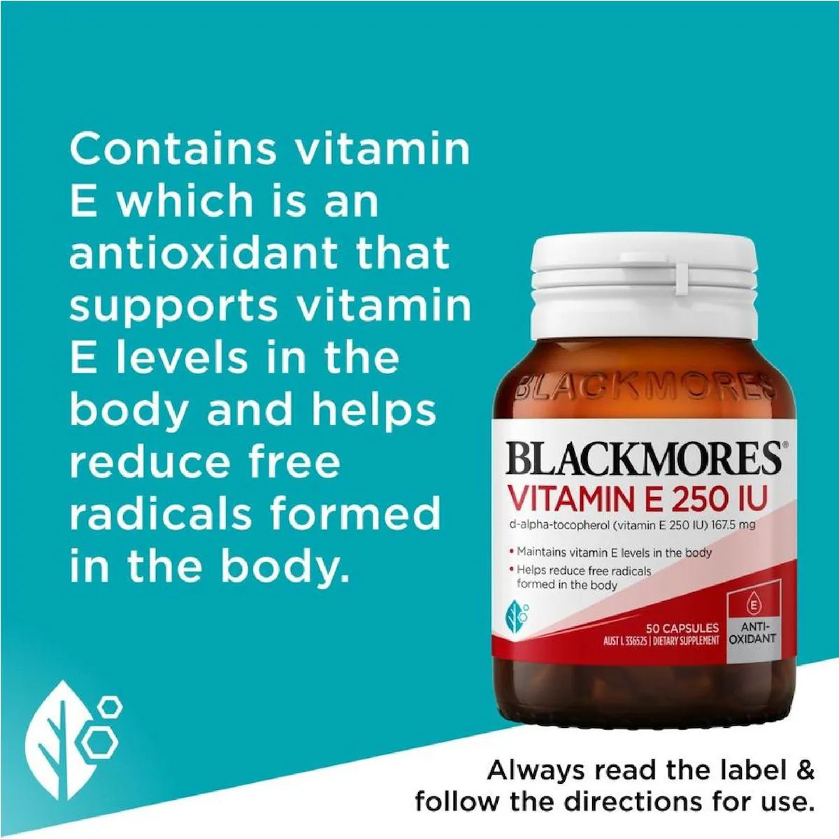 Blackmores Vitamin E 250IU 50 Capsules bottle, designed to support skin health and provide antioxidant benefits.