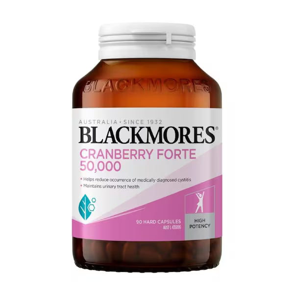 Blackmores Cranberry Forte 50000 - 90 capsules, a supplement designed to support urinary tract health with high potency cranberry extract in easy-to-take capsules.