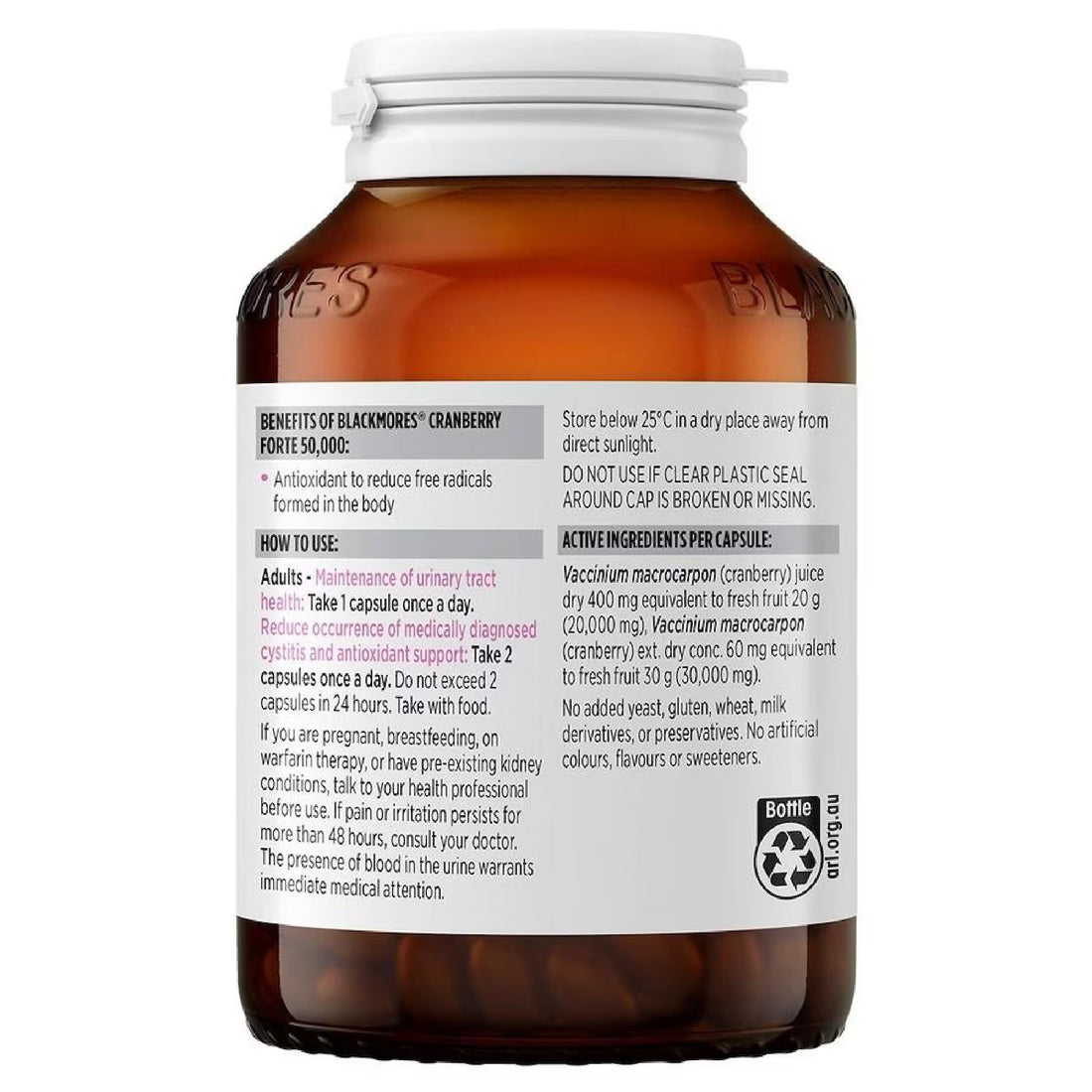 Blackmores Cranberry Forte 50000 - 90 capsules, a supplement designed to support urinary tract health with high potency cranberry extract in easy-to-take capsules.