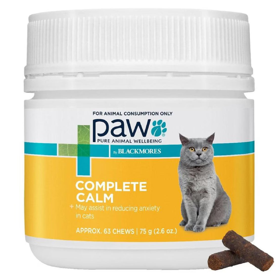 PAW by Blackmores Complete Calm Chews for Cats 75g - Natural stress relief supplement for cats, supporting calmness and relaxation.
