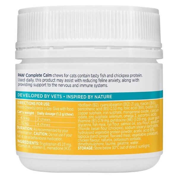 PAW by Blackmores Complete Calm Chews for Cats 75g - Natural stress relief supplement for cats, supporting calmness and relaxation.