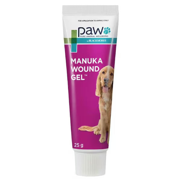 Blackmores PAW Manuka Wound Gel 25g for pet wound care, featuring natural manuka honey to promote healing and soothe skin irritation.