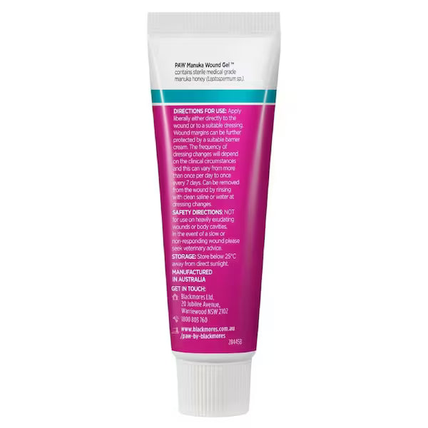 Blackmores PAW Manuka Wound Gel 25g for pet wound care, featuring natural manuka honey to promote healing and soothe skin irritation.