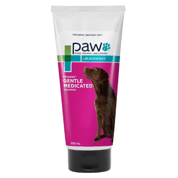 PAW by Blackmores Mediderm Gentle Medicated Shampoo 200ml for soothing and treating itchy, dry, and sensitive skin in pets