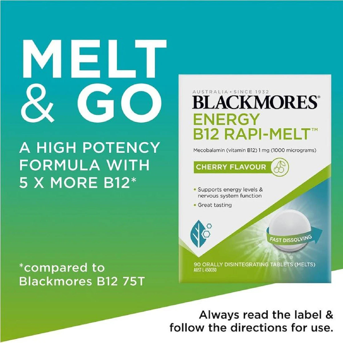 Blackmores Energy B12 Rapi-Melt Cherry 90 Tablets packaging with cherry flavor, designed to boost energy and support healthy B12 levels.