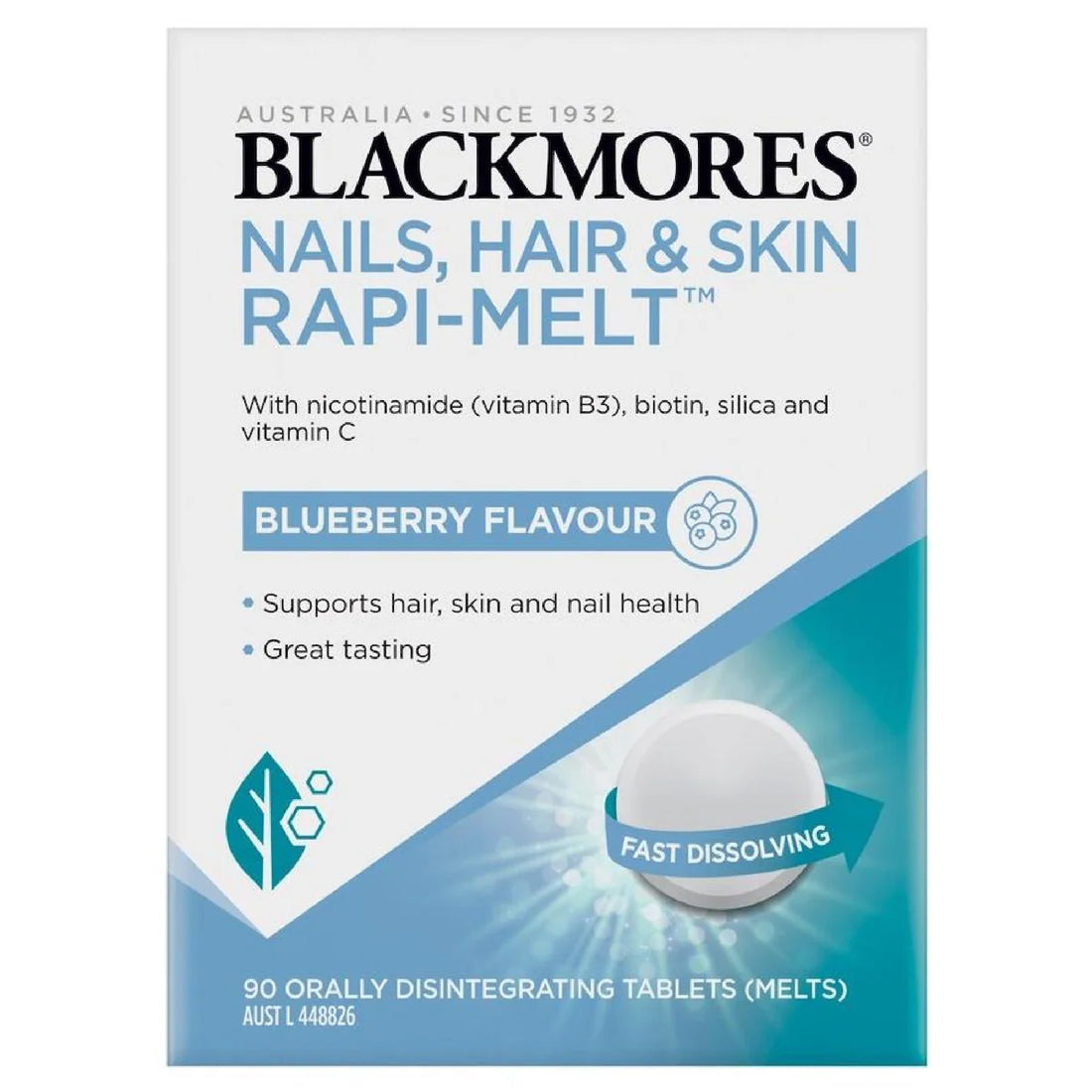 Blackmores Nails Hair & Skin Rapi-Melt 90 Tablets, dietary supplement for healthy hair, nails, and skin with rapid dissolving formula.