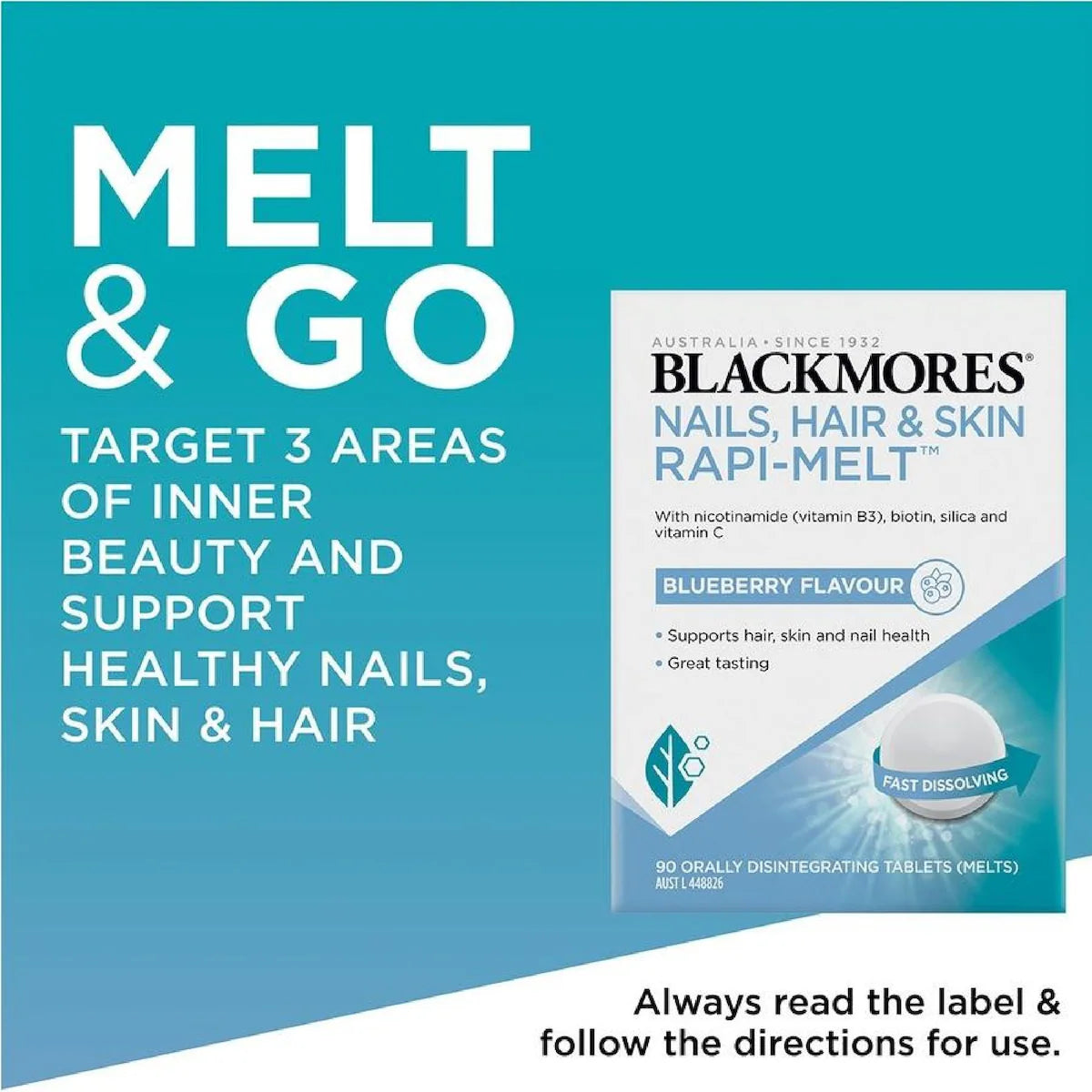 Blackmores Nails Hair & Skin Rapi-Melt 90 Tablets, dietary supplement for healthy hair, nails, and skin with rapid dissolving formula.