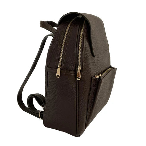 Dark brown genuine leather women's backpack by LeatherLuxe with sleek design, premium finish, and spacious compartments.
