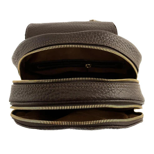 Dark brown genuine leather women's backpack by LeatherLuxe with sleek design, premium finish, and spacious compartments.