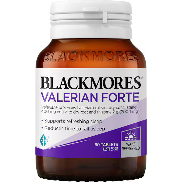 Blackmores Valerian Forte Tablets 60 Pack for sleep support and relaxation, natural valerian root extract, non-habit forming, 60 tablets.