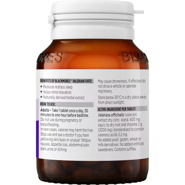 Blackmores Valerian Forte Tablets 60 Pack for sleep support and relaxation, natural valerian root extract, non-habit forming, 60 tablets.