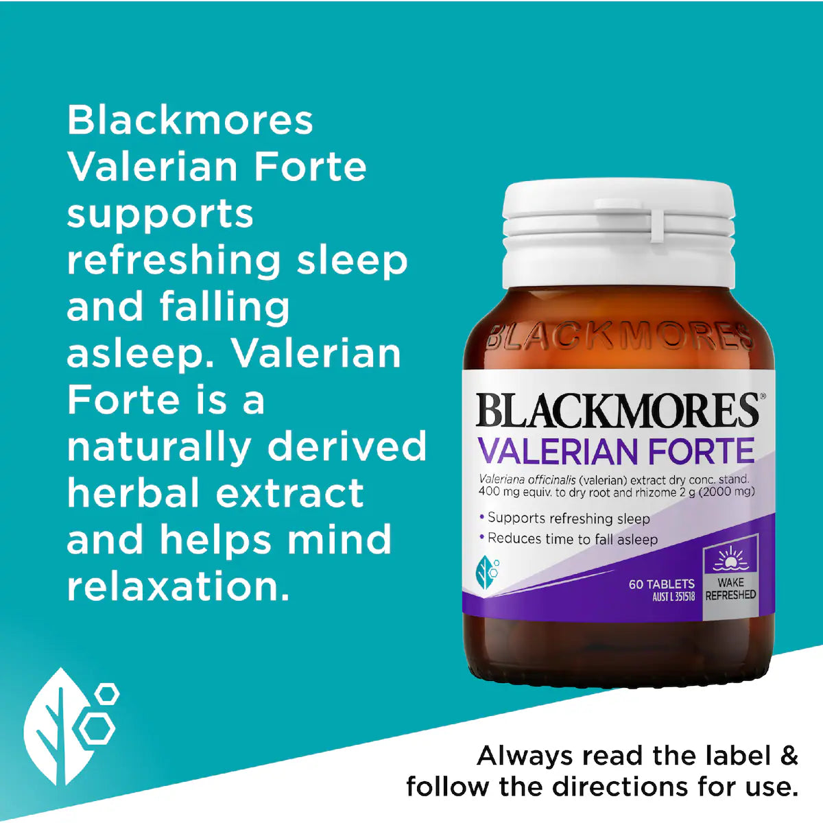 Blackmores Valerian Forte Tablets 60 Pack for sleep support and relaxation, natural valerian root extract, non-habit forming, 60 tablets.