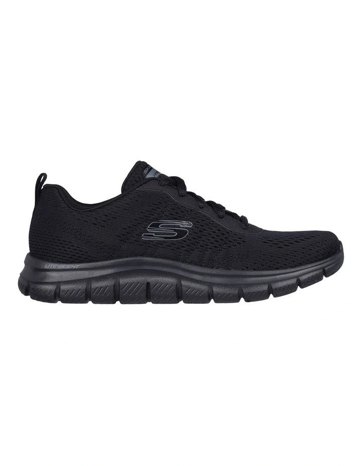 Skechers Track New Staple Sneakers in Black with lightweight cushioning and breathable sporty design