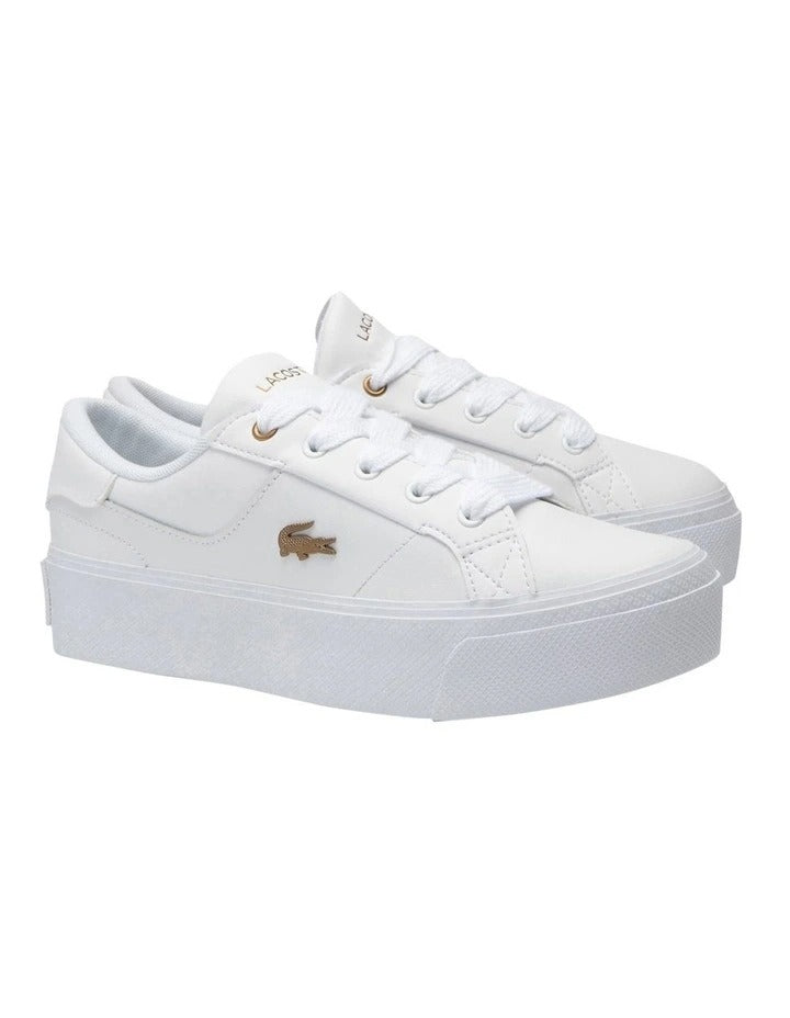 Lacoste Ziane Platform Leather Sneaker in White, featuring a clean leather upper with a stylish platform sole for added height and comfort.