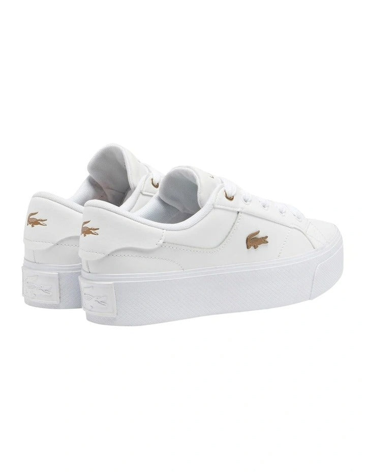 Lacoste Ziane Platform Leather Sneaker in White, featuring a clean leather upper with a stylish platform sole for added height and comfort.