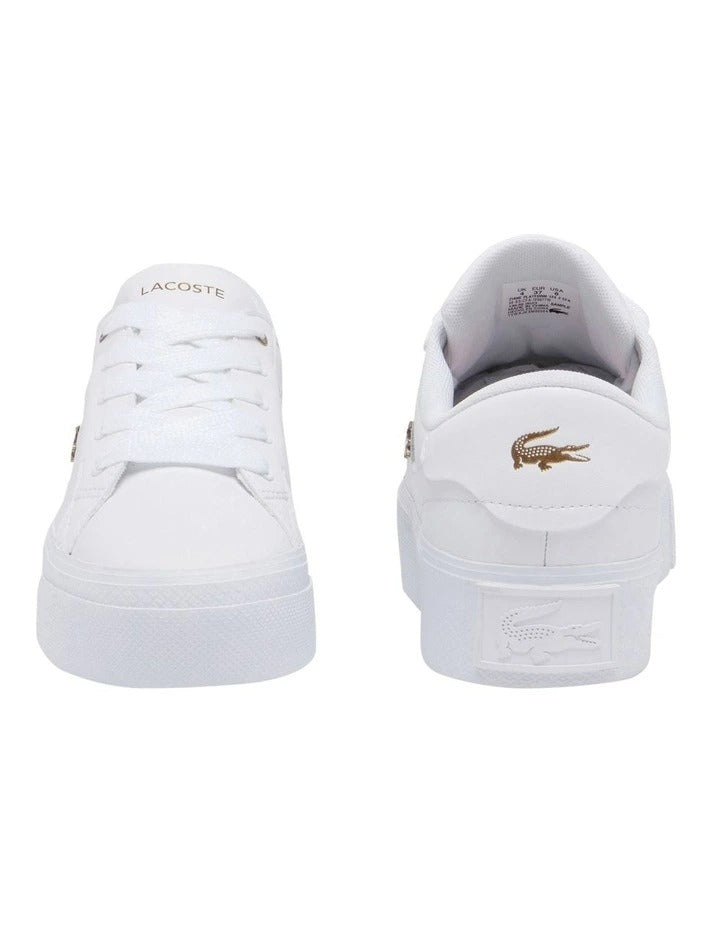 Lacoste Ziane Platform Leather Sneaker in White, featuring a clean leather upper with a stylish platform sole for added height and comfort.