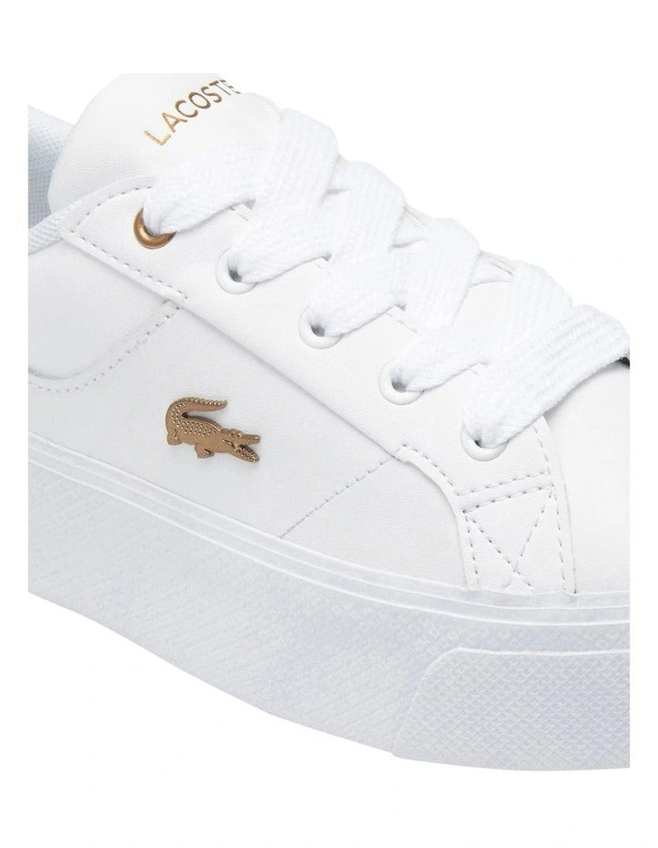 Lacoste Ziane Platform Leather Sneaker in White, featuring a clean leather upper with a stylish platform sole for added height and comfort.