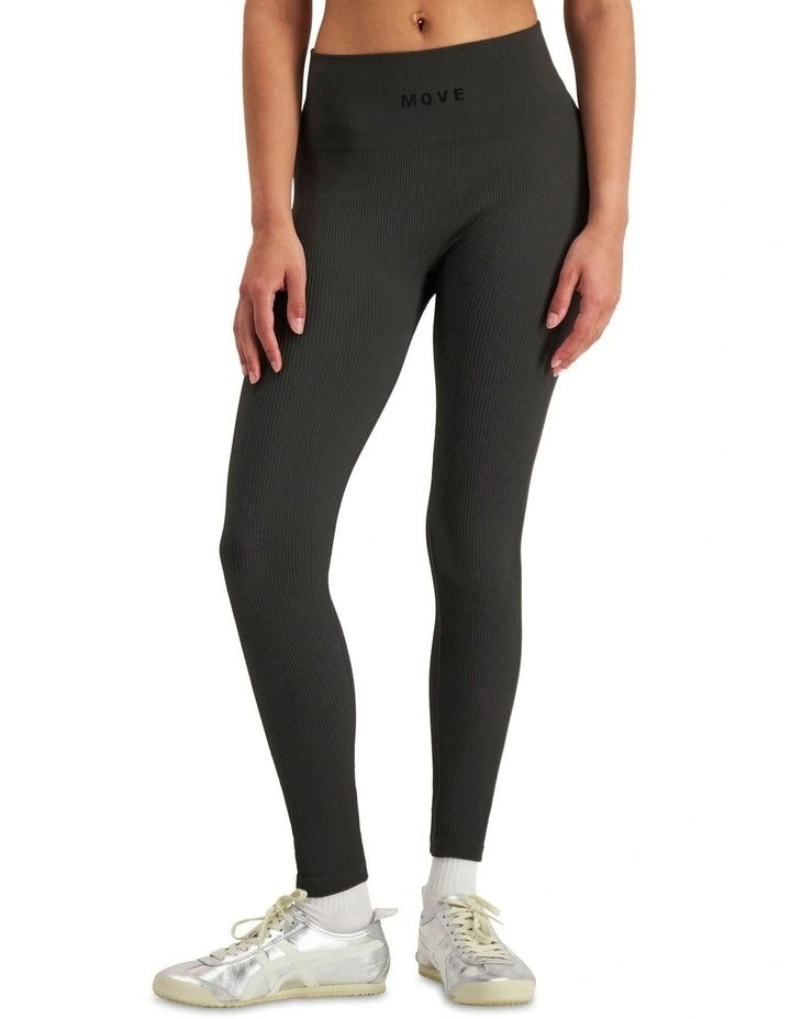 Move Rib Seamless Legging in stretchy ribbed nylon elastane fabric with ankle length, no-roll waistband, and sweat-wicking finish for active comfort
