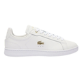 Lacoste Carnaby Pro Leather Sneakers in White/Gold, featuring a sleek leather upper with gold accents for a luxurious, stylish design.