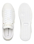 Lacoste Carnaby Pro Leather Sneakers in White/Gold, featuring a sleek leather upper with gold accents for a luxurious, stylish design.