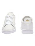 Lacoste Carnaby Pro Leather Sneakers in White/Gold, featuring a sleek leather upper with gold accents for a luxurious, stylish design.