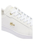Lacoste Carnaby Pro Leather Sneakers in White/Gold, featuring a sleek leather upper with gold accents for a luxurious, stylish design.