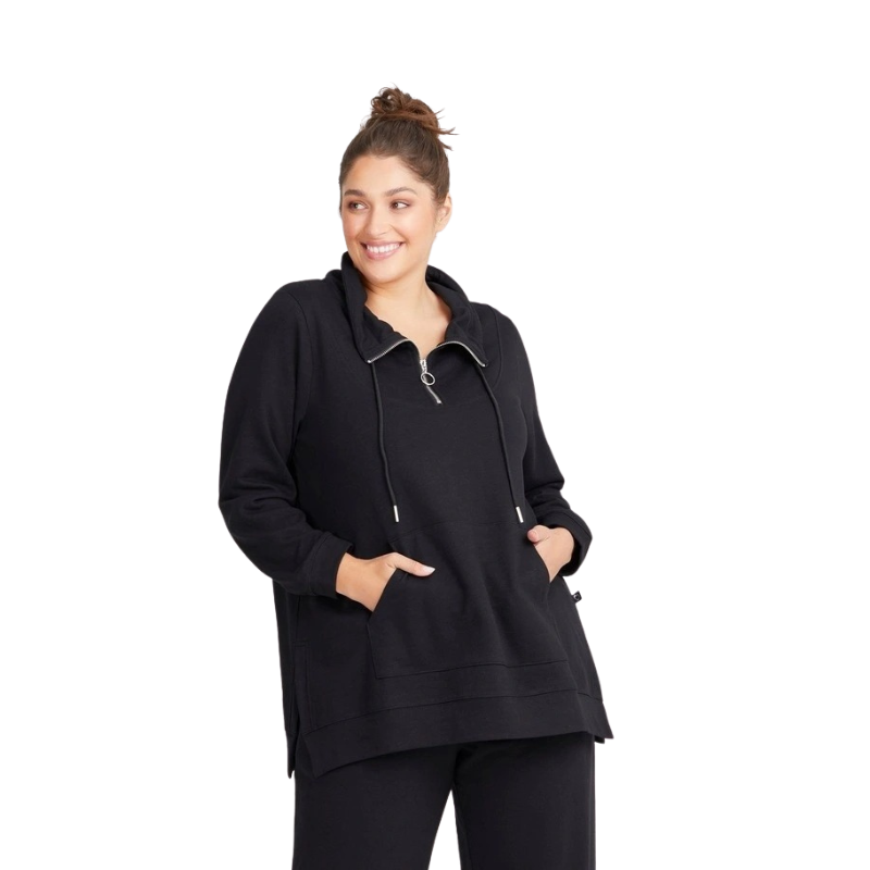 Taking Shape Funnel Neck Active Tunic in Black with long sleeves, half zip, kangaroo pocket, and ribbed details for plus size comfort.