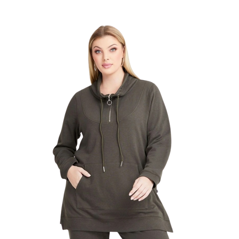 Taking Shape Funnel Neck Active Tunic in Khaki with long sleeves, half zip, kangaroo pocket, ribbed trims, and drawcord neckline for plus size comfort.