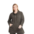 Taking Shape Funnel Neck Active Tunic in Khaki with long sleeves, half zip, kangaroo pocket, ribbed trims, and drawcord neckline for plus size comfort.