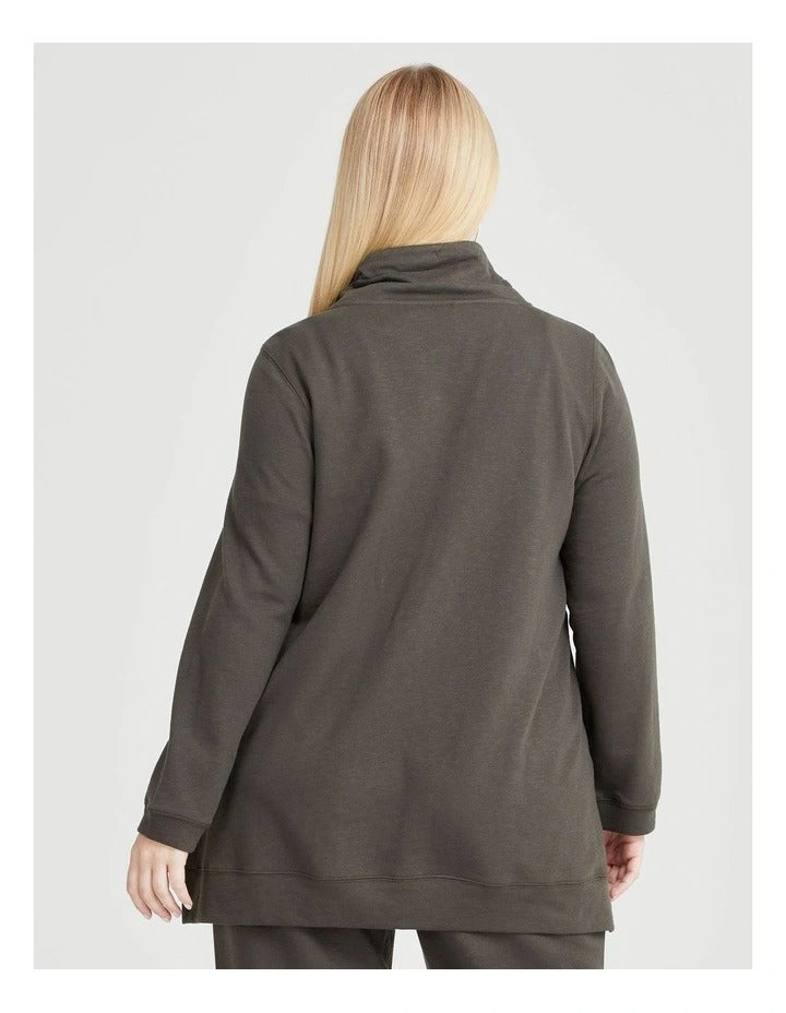 Taking Shape Funnel Neck Active Tunic in Khaki with long sleeves, half zip, kangaroo pocket, ribbed trims, and drawcord neckline for plus size comfort.