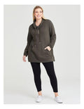 Taking Shape Funnel Neck Active Tunic in Khaki with long sleeves, half zip, kangaroo pocket, ribbed trims, and drawcord neckline for plus size comfort.