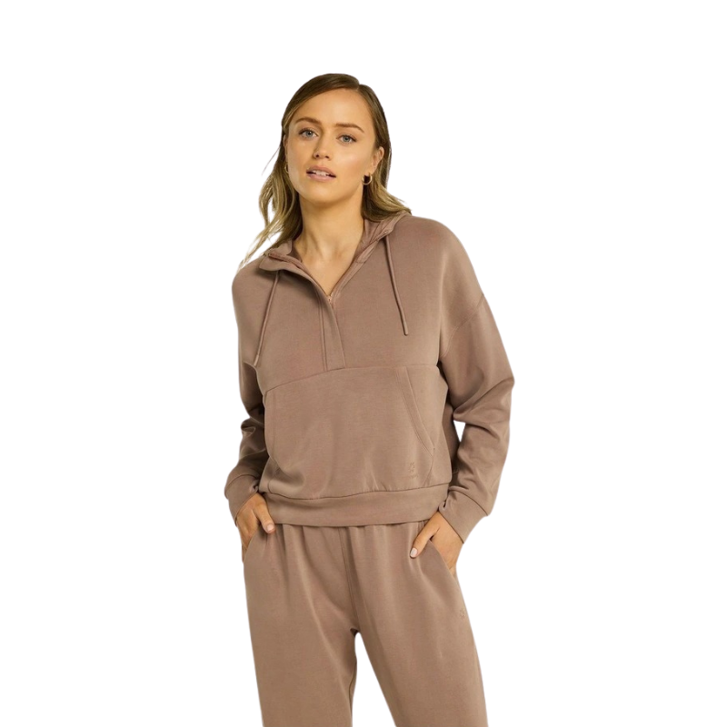 Rockwear Travel Half Zip Hoodie in Coffee, women's relaxed fit hoodie with external pocket and ultra-smooth fabric for comfort and style during travel.