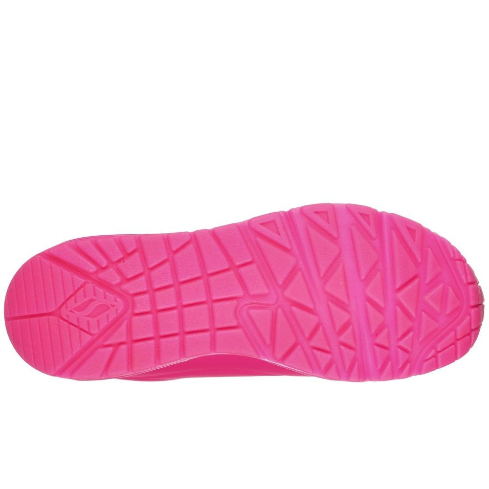 Skechers Uno Neon Nights sneaker in hot pink lifestyle view