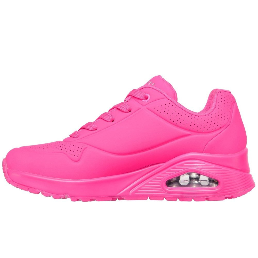 Skechers Uno Neon Nights sneaker in hot pink lifestyle view