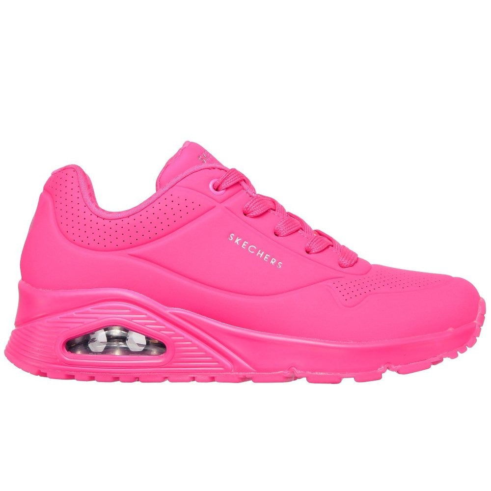 Skechers Uno Neon Nights sneaker in hot pink lifestyle view