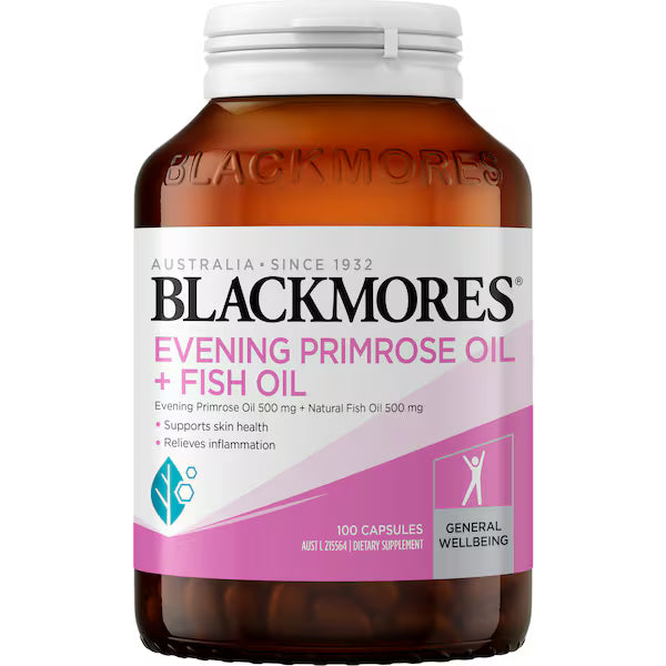 Blackmores Evening Primrose Oil + Fish Oil Capsules 100 pack, featuring a combination of evening primrose oil and fish oil for healthy skin and overall wellness.