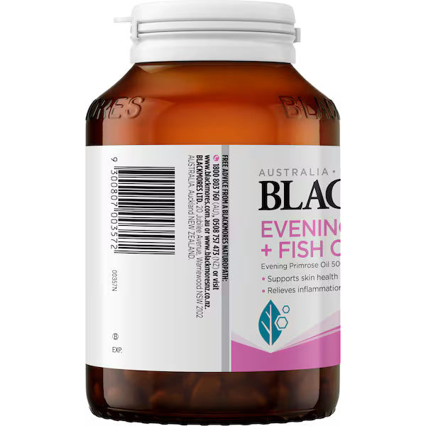 Blackmores Evening Primrose Oil + Fish Oil Capsules 100 pack, featuring a combination of evening primrose oil and fish oil for healthy skin and overall wellness.
