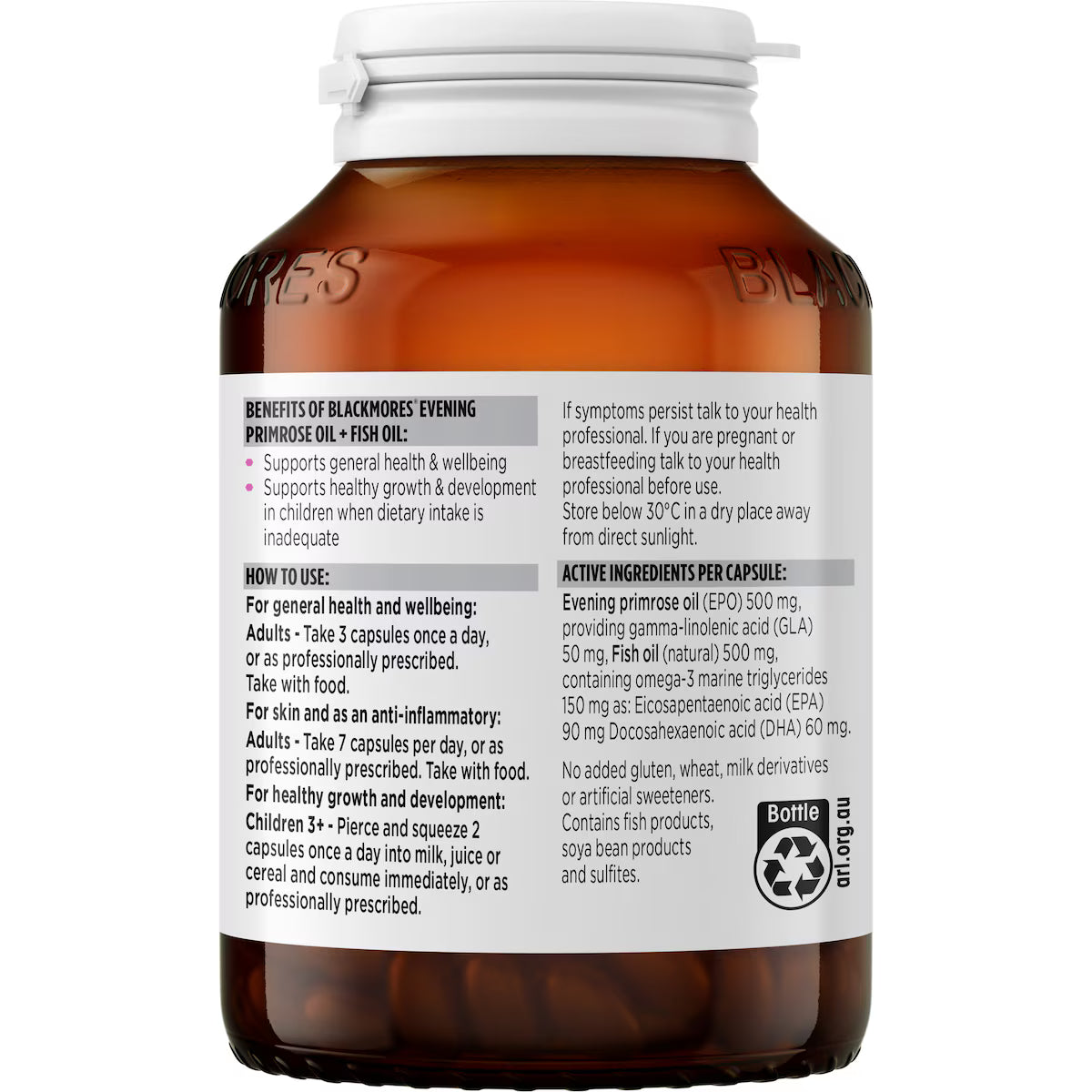 Blackmores Evening Primrose Oil + Fish Oil Capsules 100 pack, featuring a combination of evening primrose oil and fish oil for healthy skin and overall wellness.