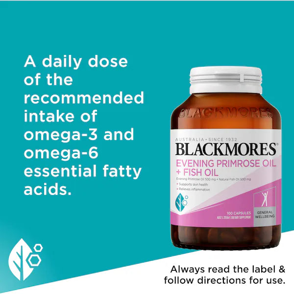 Blackmores Evening Primrose Oil + Fish Oil Capsules 100 pack, featuring a combination of evening primrose oil and fish oil for healthy skin and overall wellness.