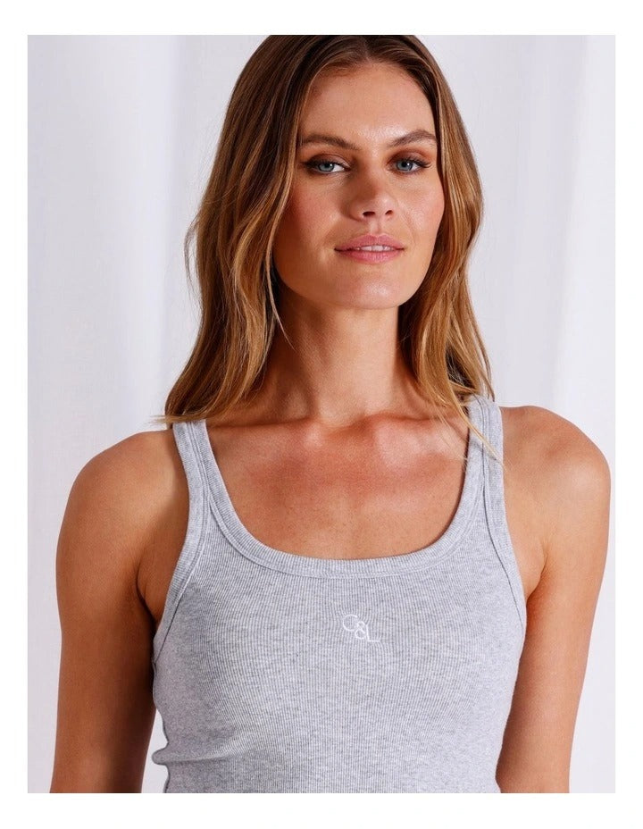 Chloe & Lola grey marle ribbed cotton loungewear tank top for women, scoop neck, sleeveless, fitted design